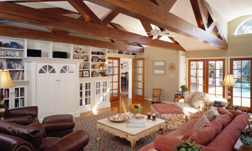 Vaulted ceiling with wood beams